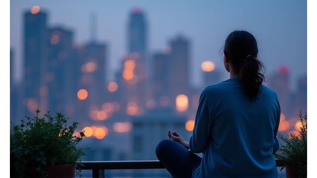 Εικόνα άρθρου για mindfulness με άτομο να διαλογίζεται σε αστικό κήπο