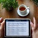 Γυναίκα διαβάζει health blog σε tablet με καφέ και φυτά