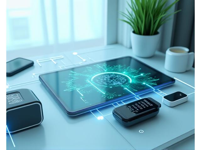 Διαφορετικά smart devices (smartwatch, smartphone, tablet, smart scale) συνδεδεμένα μέσω αφηρημένων γραμμών σε ένα κεντρικό dashboard, σε μοντέρνο περιβάλλον.